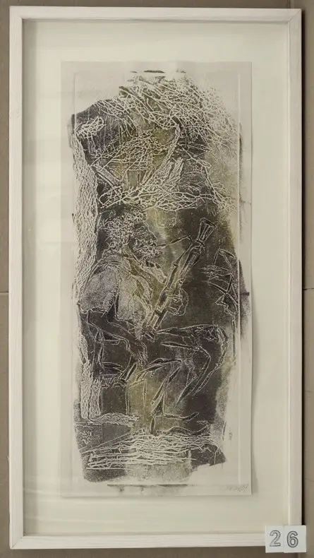 מאשה אורלובסקי, "נגן הסקסופון" מונופרינט, 22*51, עם המסגרת 34*63, ממוסגר בקופסת הצללה עם פרספקס.