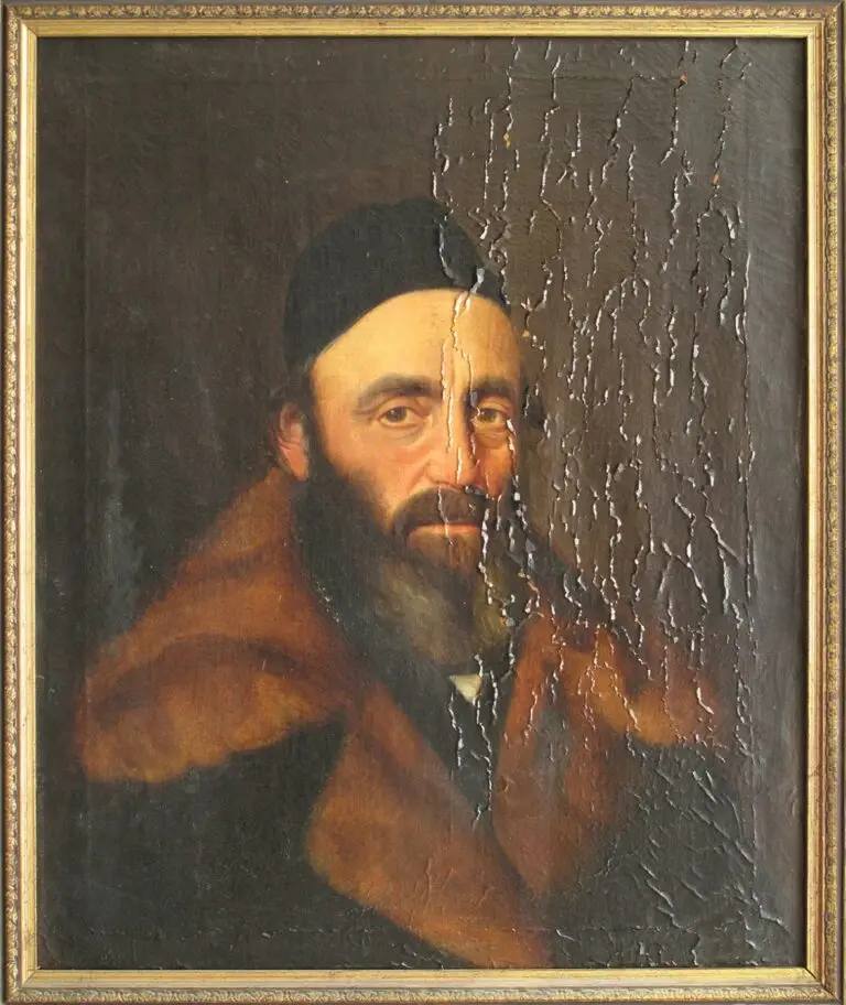 רסטורציה של פורטרט שמן על גבי קנבס שנפגע ממים