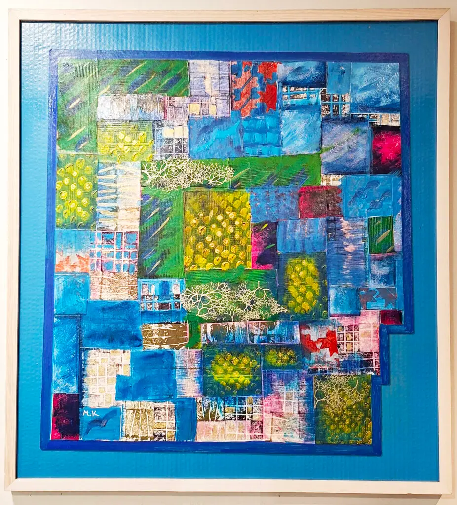 "שוק מחנה יהודה" -אקריליק וקולאז' ע"ג נייר, מודבק ע"ג לוח. כ 70*80